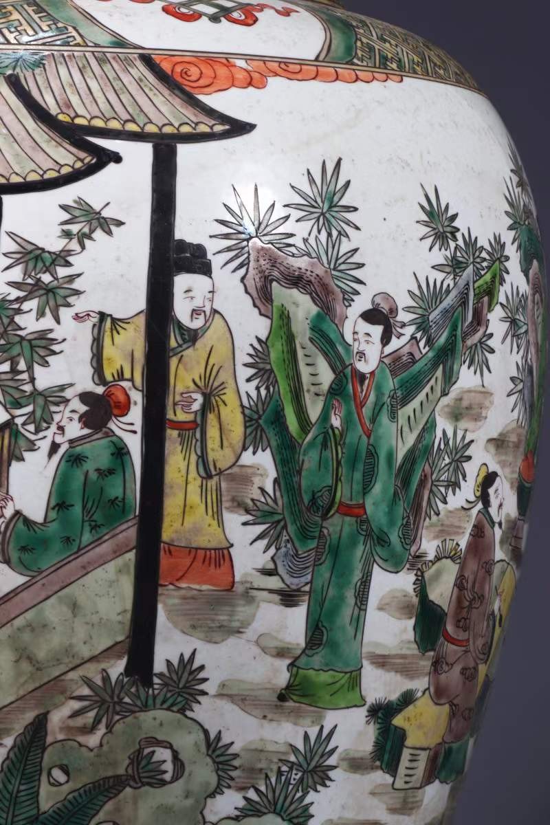 美品·款识“大明嘉靖年制”精工细作满工五彩通景人物故事纹罐。