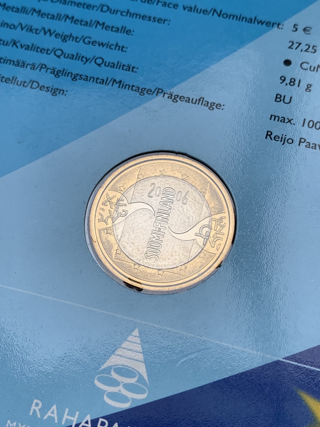 《竞宝斋》第154场-周日，周一，周四 3场 (全场包邮) 芬兰2006年 5欧元双色纪念币 非常稀少