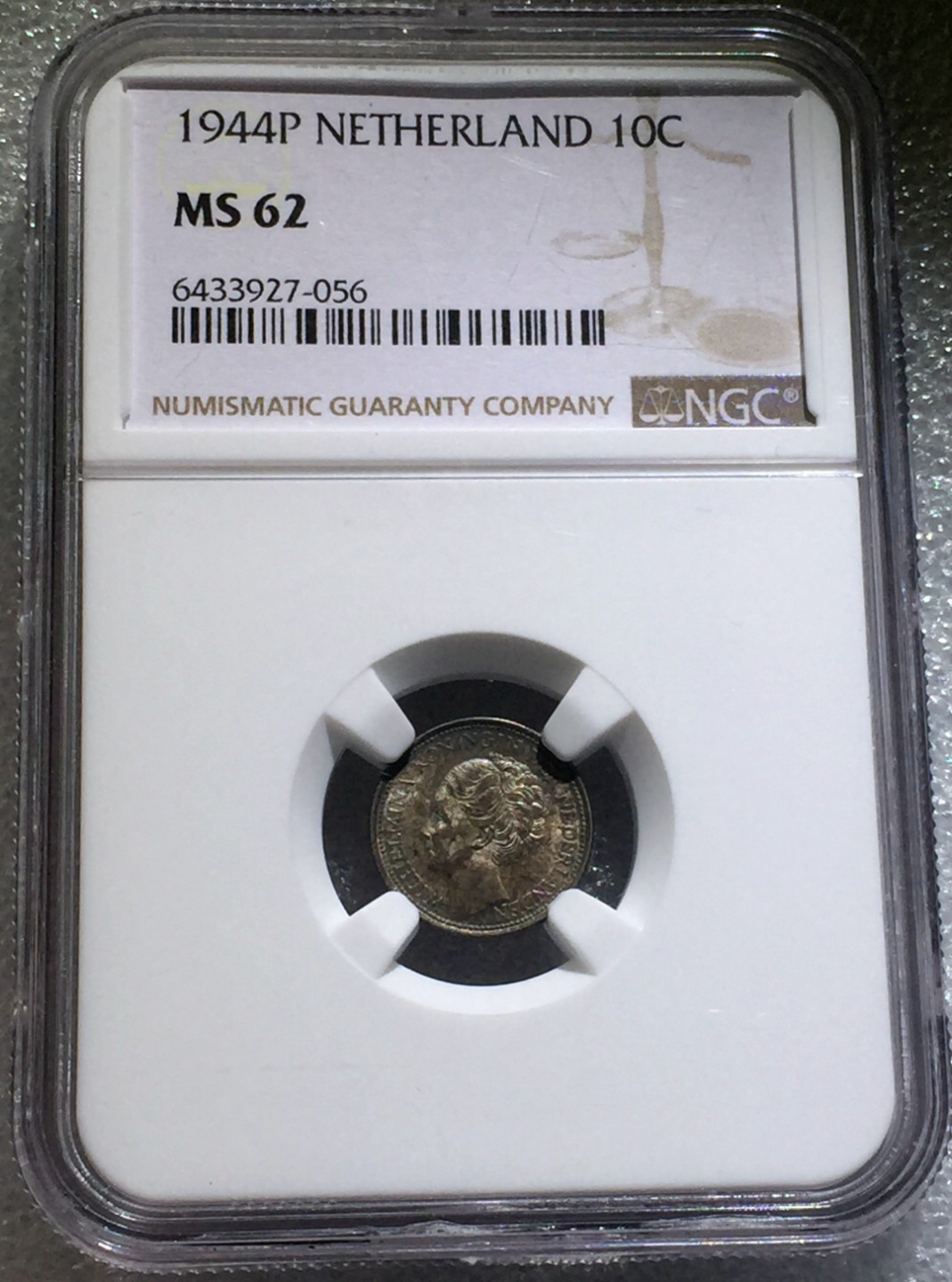 方圆集藏第三期专场 10048-NGC62荷兰1944年威廉明娜女王10分银币