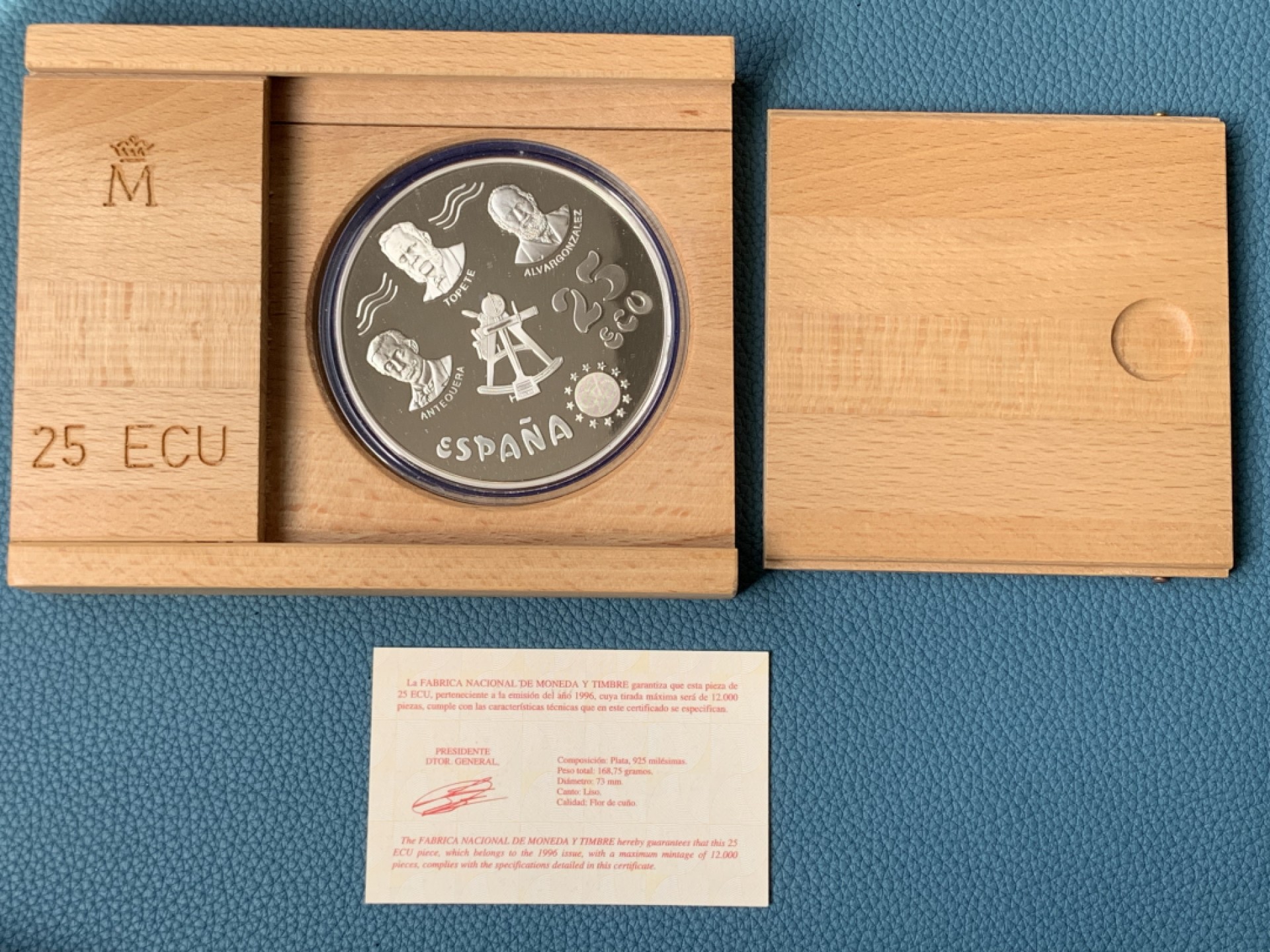 《竞宝斋》第154场-周日，周一，周四 3场 (全场包邮) 西班牙1996年 大航海 25ECU 精制大银币 木盒证书 168.75克 925银