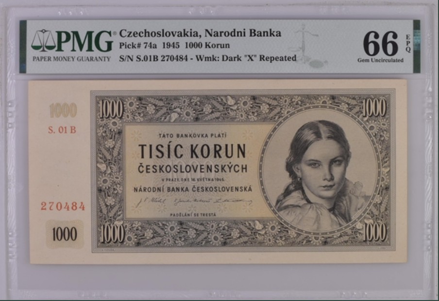 收藏联盟Quantum Auction 第251期拍卖  捷克斯洛伐克1945年1000克朗 PMG66 稀少实票
