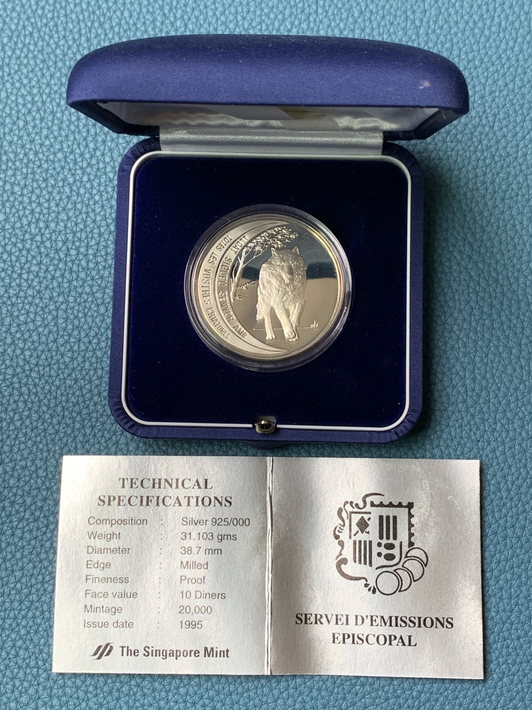 《竞宝斋》第154场-周日，周一，周四 3场 (全场包邮) 安道尔1995年 草原狼10第纳尔精制大银币 31.1克 925银