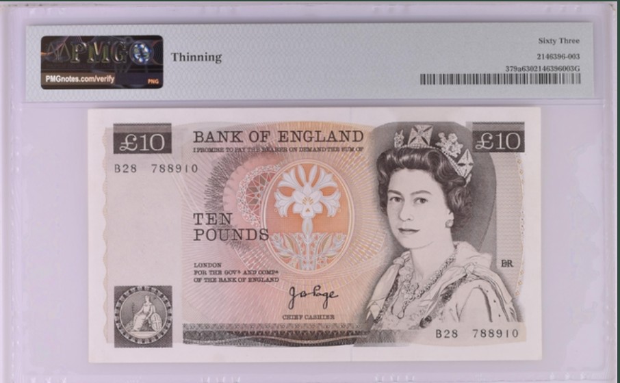 收藏联盟Quantum Auction 第251期拍卖  英国1975-80年10镑 PMG63 pmg认证错票 