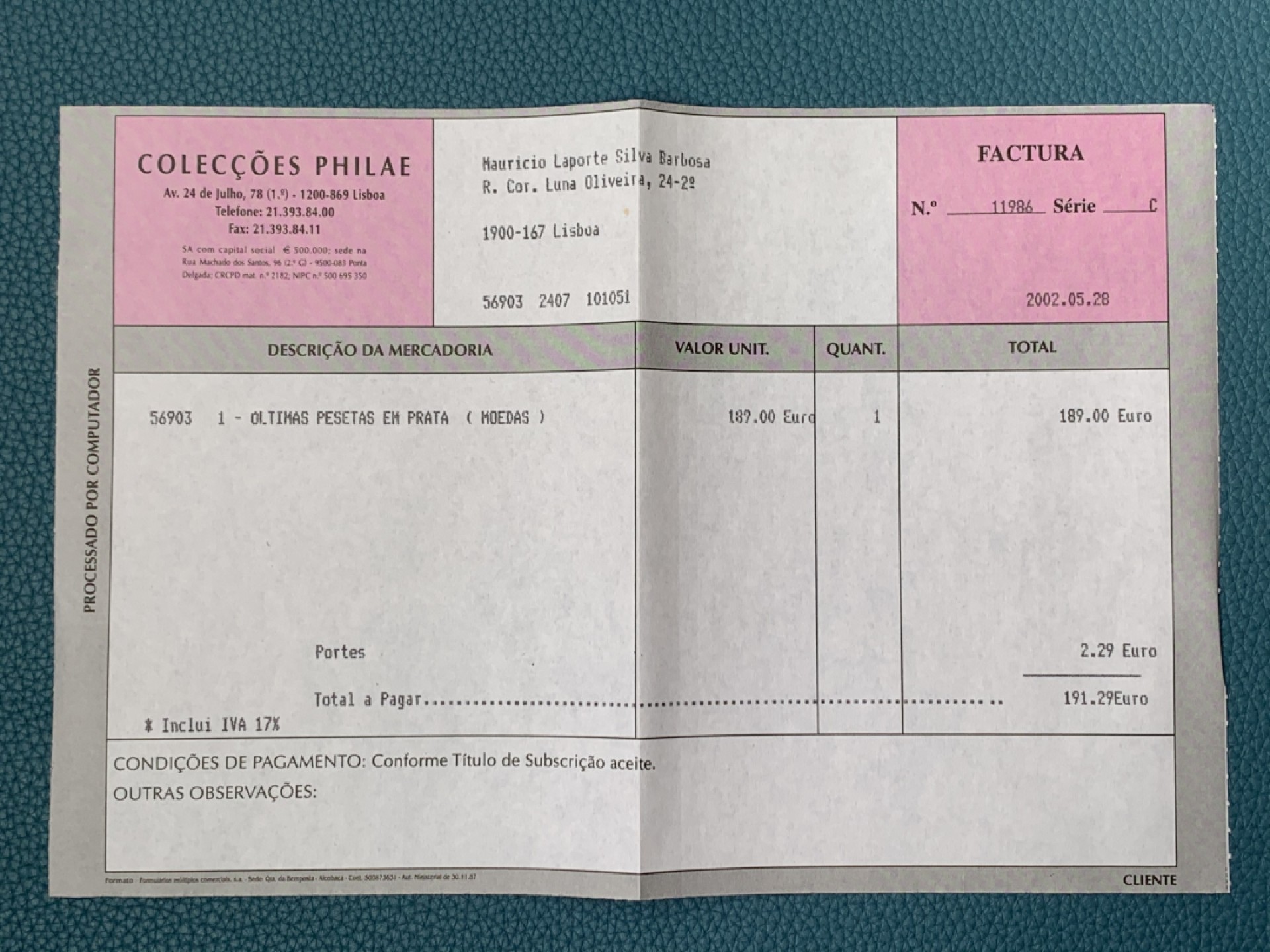 《竞宝斋》第154场-周日，周一，周四 3场 (全场包邮) 西班牙2001年 最后一套比塞塔银制样币 附带2002年5.28日购买发票一张 非常罕见