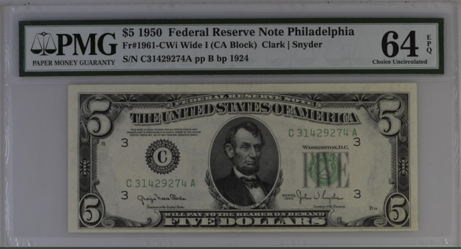收藏联盟Quantum Auction 第251期拍卖  美国1950年联邦储备券5元 PMG64e