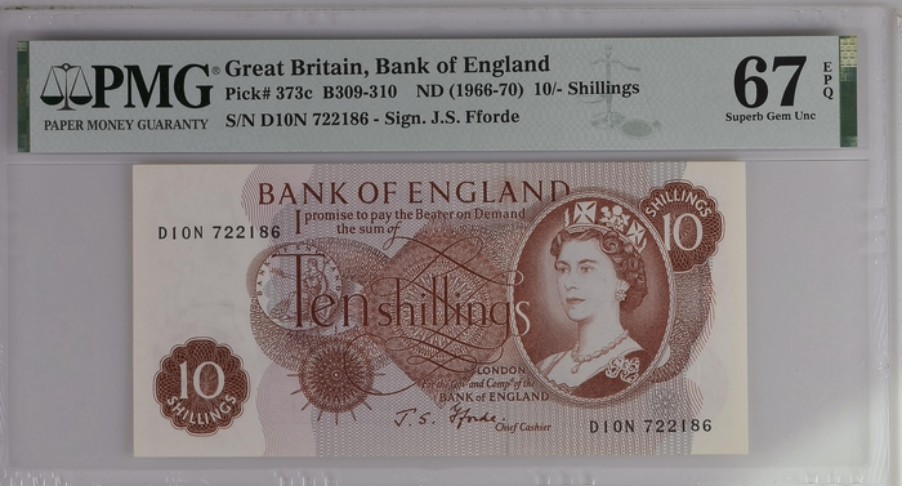 收藏联盟Quantum Auction 第251期拍卖  英国1966-70年10先令 PMG67