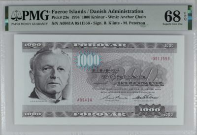 《张总收藏》98期——外币强钞100拍 - 法罗群岛1994年1000克朗稀少A冠PMG68E超高亚军分 冠军69分仅1张