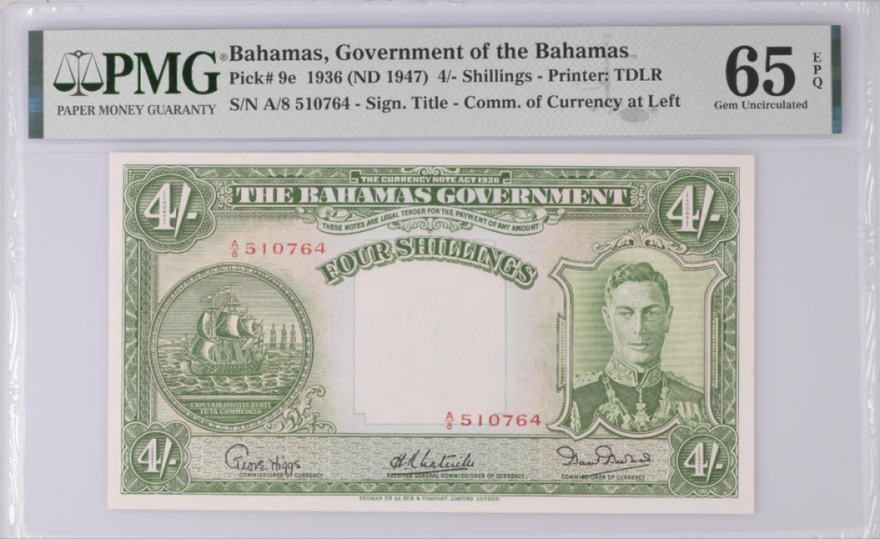 《张总收藏》98期——外币强钞100拍 1936年巴哈马政府4先令A冠PMG65E亚军分英王乔治 超稀少品种 冠军66分仅5张