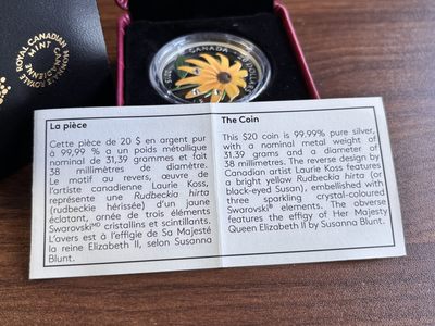 【海寧潮】加拿大2015年金光菊露水镶嵌水晶彩色精制纪念银币，原价800.9999银，31.39克，发行10000枚