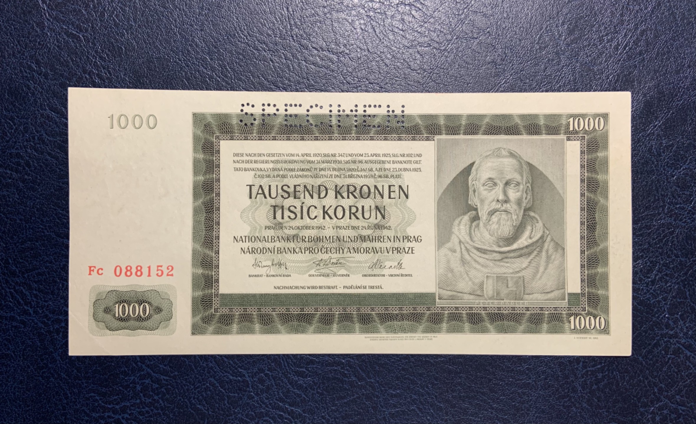 收藏联盟Quantum Auction 第251期拍卖  波西米亚和莫拉维亚1942年1000克朗样票 品相UNC- 查理大桥设计者 建筑师 彼得.帕德勒