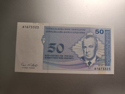 【专场20230504】西风东渐第XVI期——欧洲钞/币专场 - 【拍品002F】波斯尼亚和黑塞哥维那1998版50可兑换芬尼UNC-有黄斑，波斯尼亚族版本，首发A冠