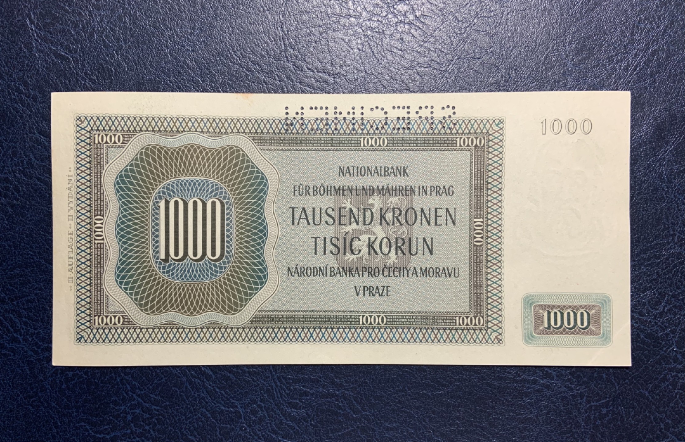 收藏联盟Quantum Auction 第251期拍卖  波西米亚和莫拉维亚1942年1000克朗样票 品相UNC- 查理大桥设计者 建筑师 彼得.帕德勒