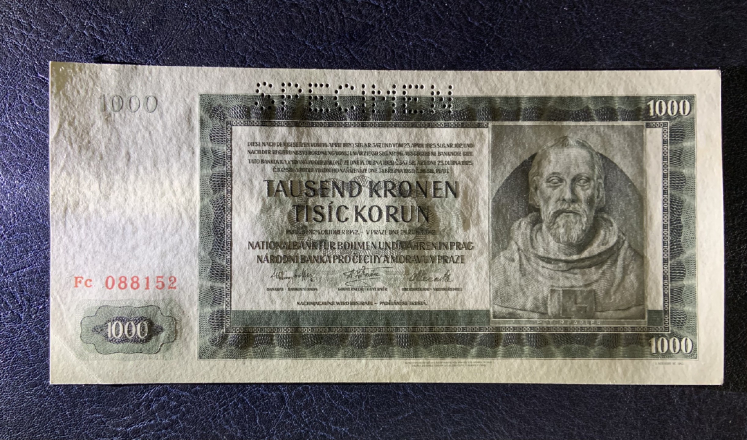 收藏联盟Quantum Auction 第251期拍卖  波西米亚和莫拉维亚1942年1000克朗样票 品相UNC- 查理大桥设计者 建筑师 彼得.帕德勒