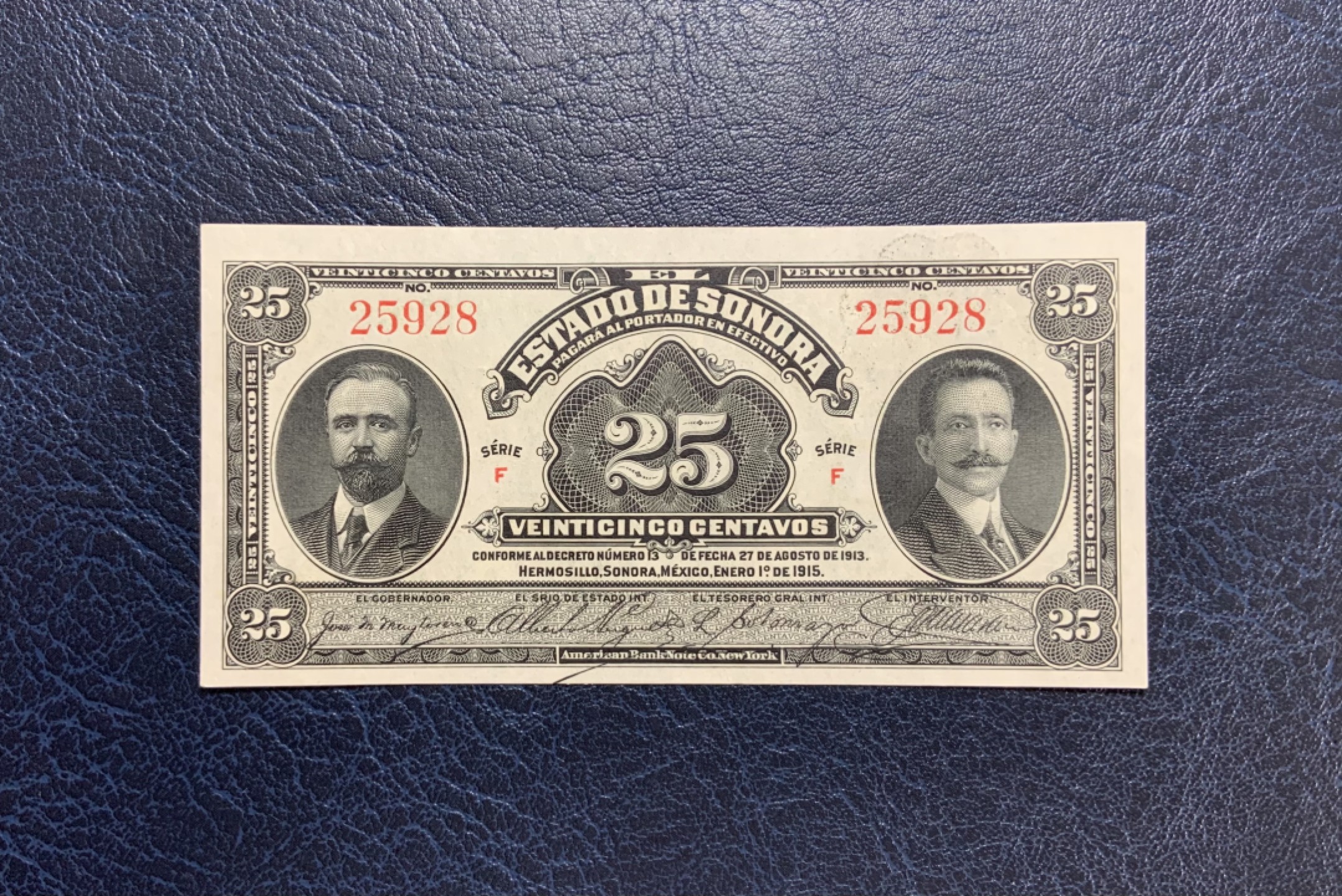 收藏联盟Quantum Auction 第251期拍卖  墨西哥1915年25分 品相全新UNC 美钞代印 百年老票 短冠号