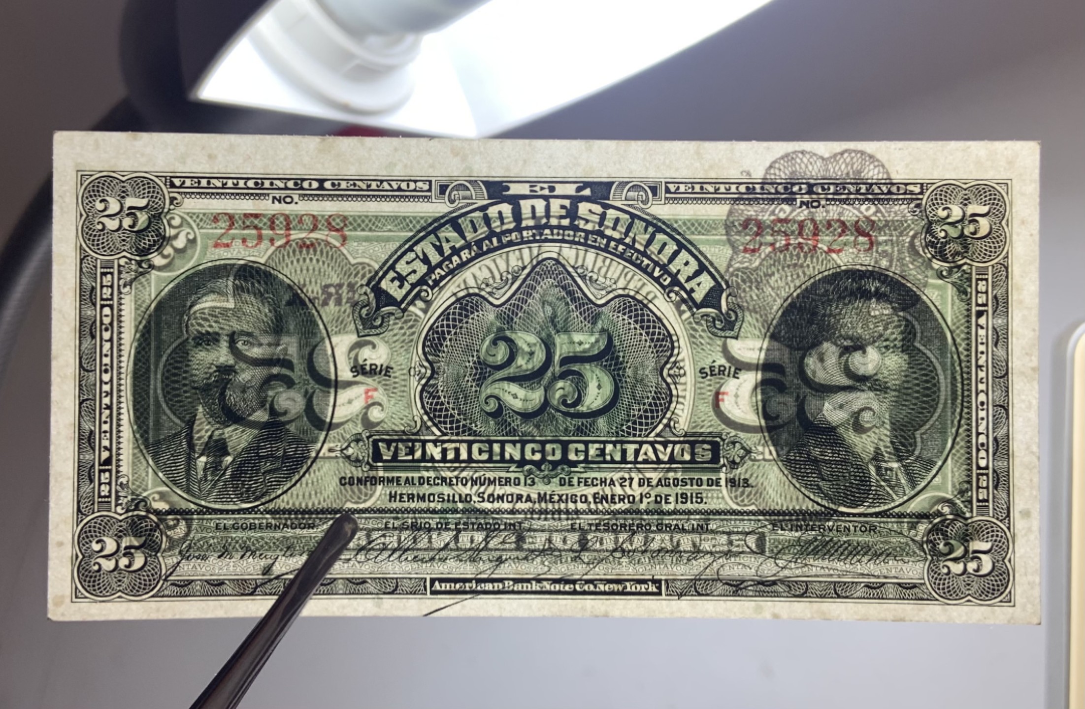 收藏联盟Quantum Auction 第251期拍卖  墨西哥1915年25分 品相全新UNC 美钞代印 百年老票 短冠号