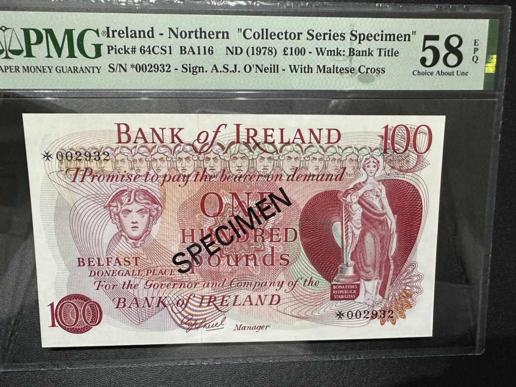 《外钞收藏家》第二百六十二期（连拍第二场） 1978年北爱尔兰100镑 PMG58E 样钞