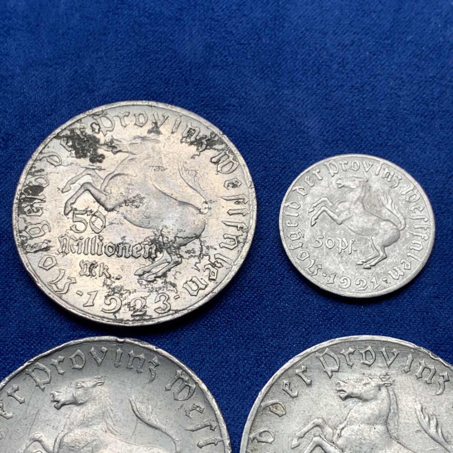 《竞宝斋》三少爷老婆本专场-第156场 (全场包邮) 德国威斯特伐利亚1921年50芬尼一枚，1923年5千万马克三枚大马币铝币