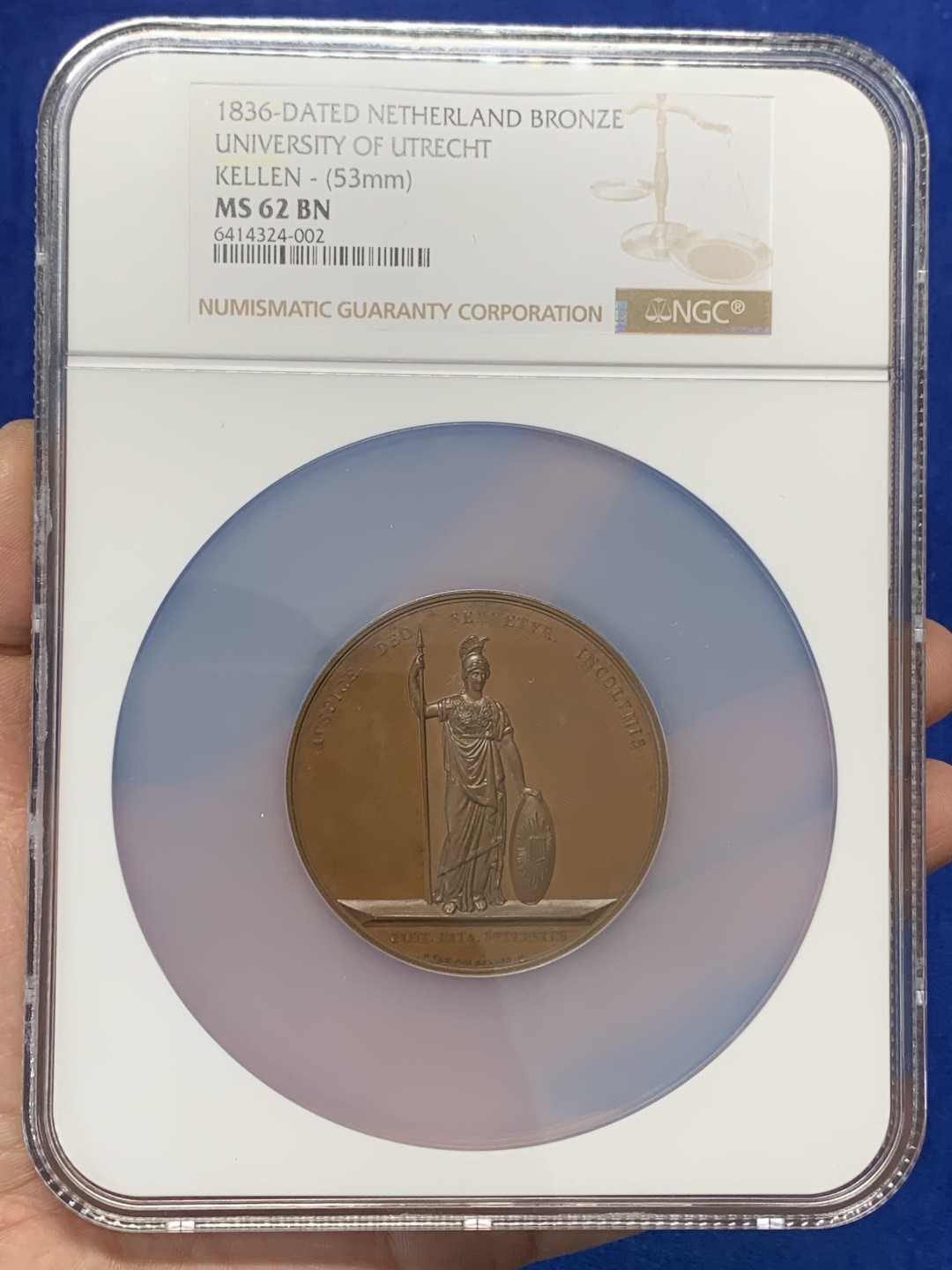 《竞宝斋》三少爷老婆本专场-第156场 (全场包邮) NGC MS62BN 荷兰1836年乌特勒支大学建校200周年大铜章，NGC加大盒