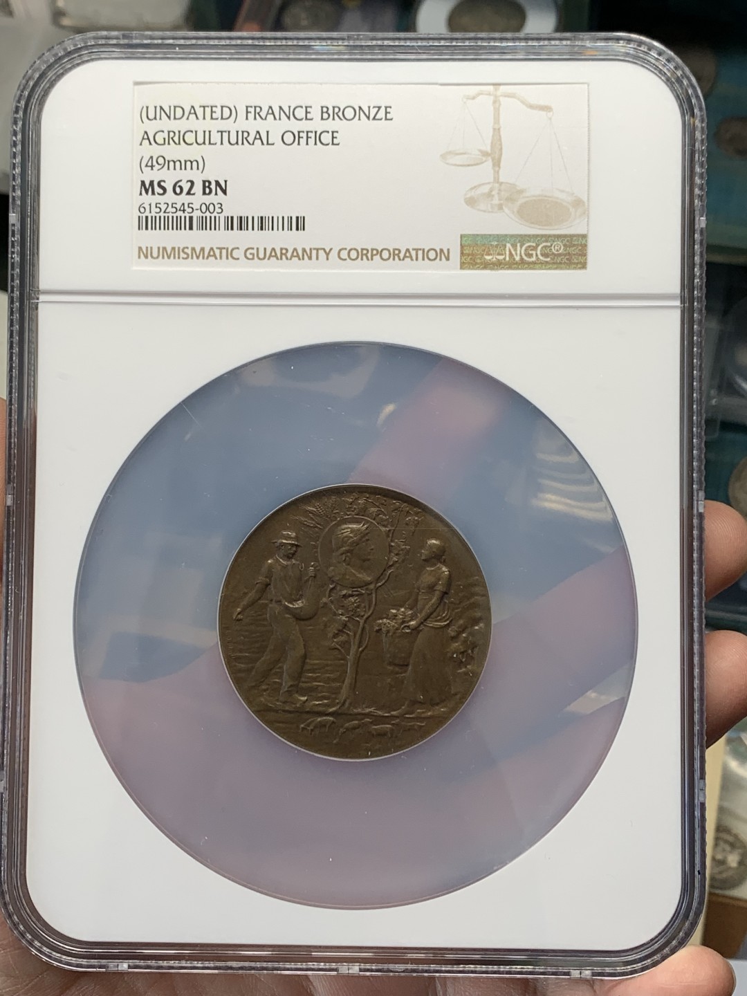 《竞宝斋》三少爷老婆本专场-第156场 (全场包邮) NGC MS62BN 法国加仑河农业部办公室大铜章，NGC加大盒