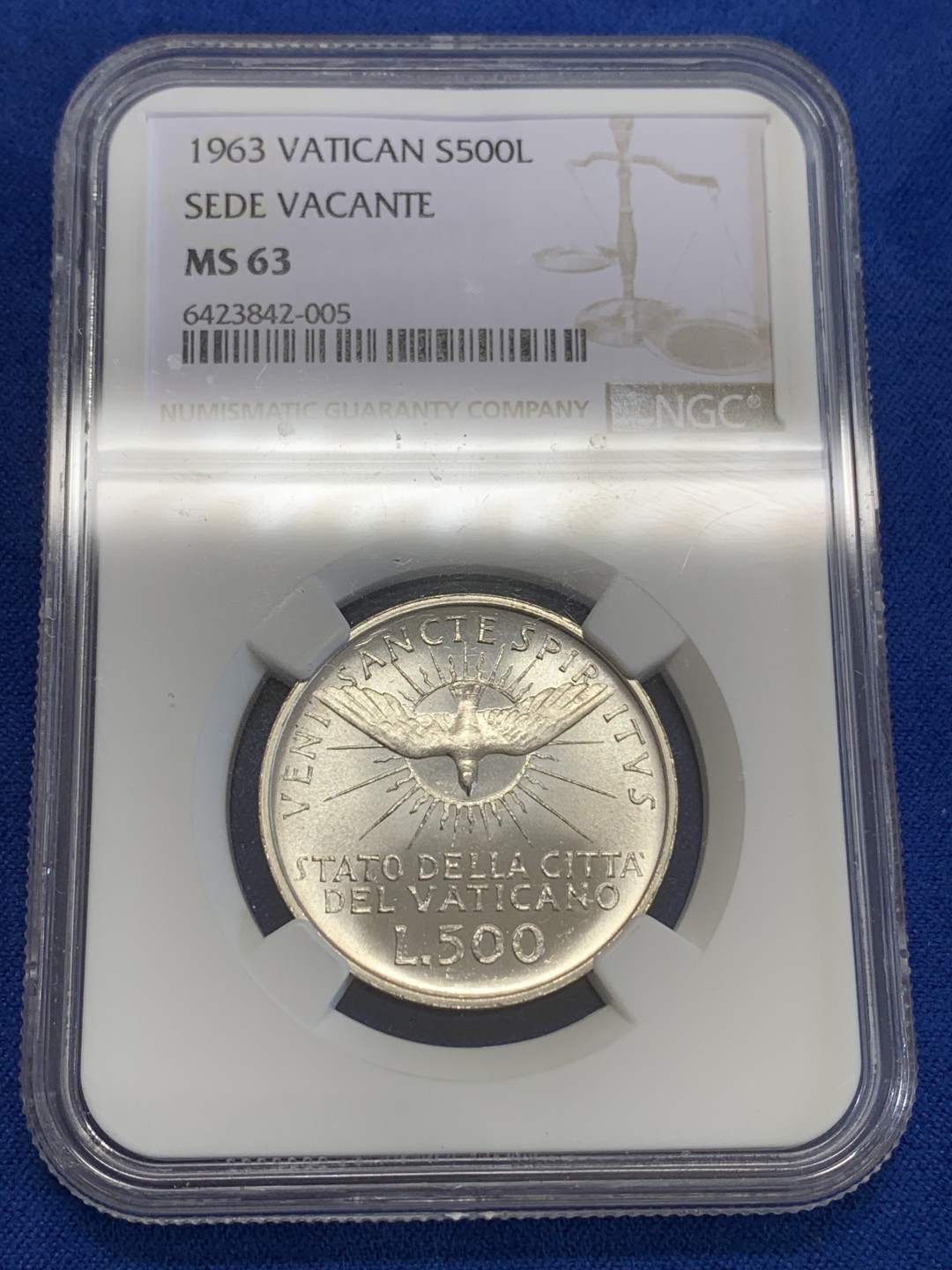 《竞宝斋》三少爷老婆本专场-第156场 (全场包邮) NGC MS63 梵蒂冈1963年教皇缺位500里拉银币