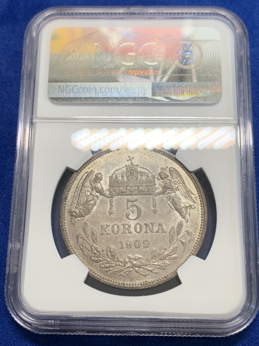 《竞宝斋》三少爷老婆本专场-第156场 (全场包邮) NGC MS61 匈牙利1909年双天使5克朗大银币