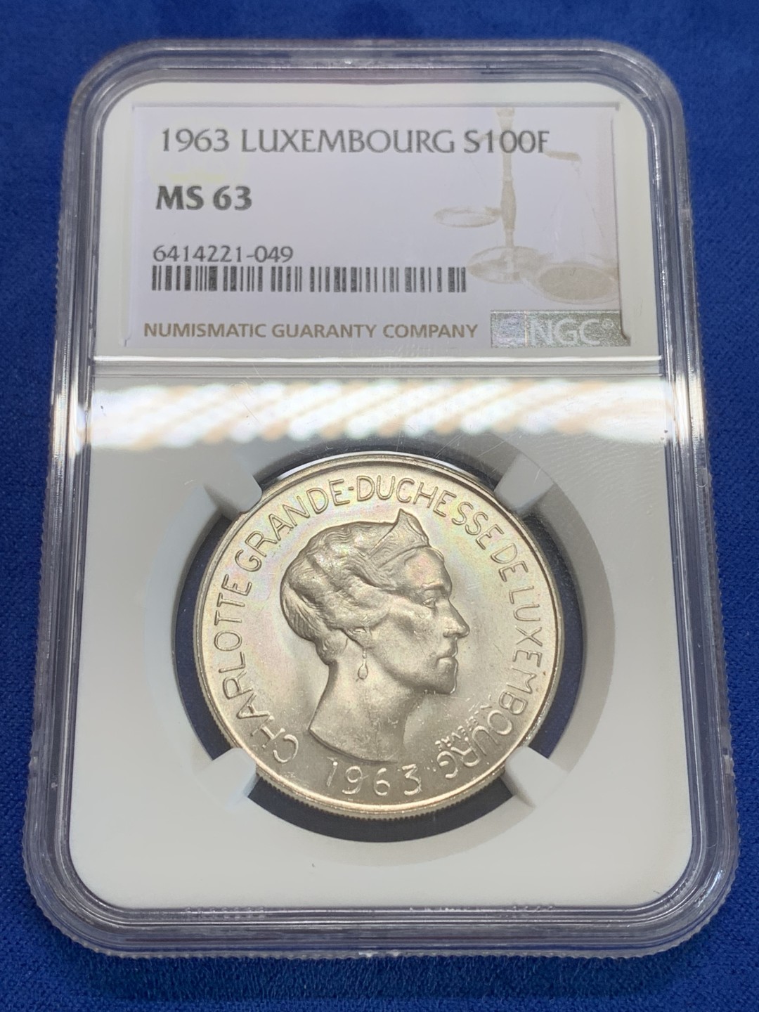 《竞宝斋》三少爷老婆本专场-第156场 (全场包邮) NGC MS63 卢森堡1963年七任大公夏洛特夫人头像100法郎银币