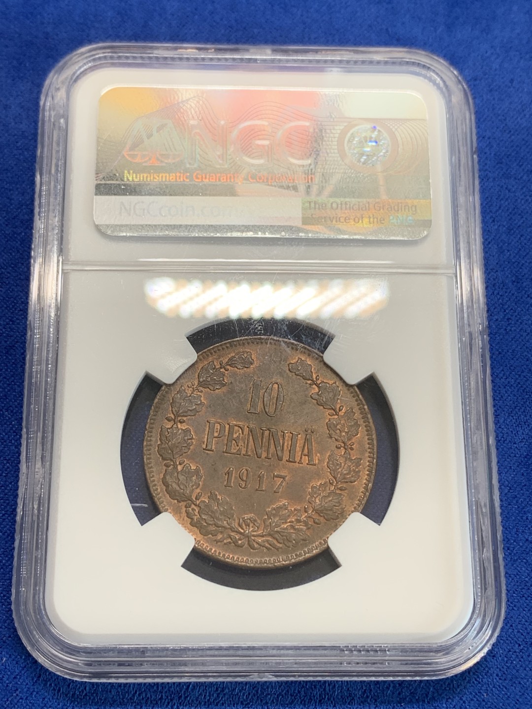 《竞宝斋》三少爷老婆本专场-第156场 (全场包邮) NGC MS64BN 俄占芬兰1917年克伦斯基临时政府无皇冠双头鹰10盆尼铜币，高分不易