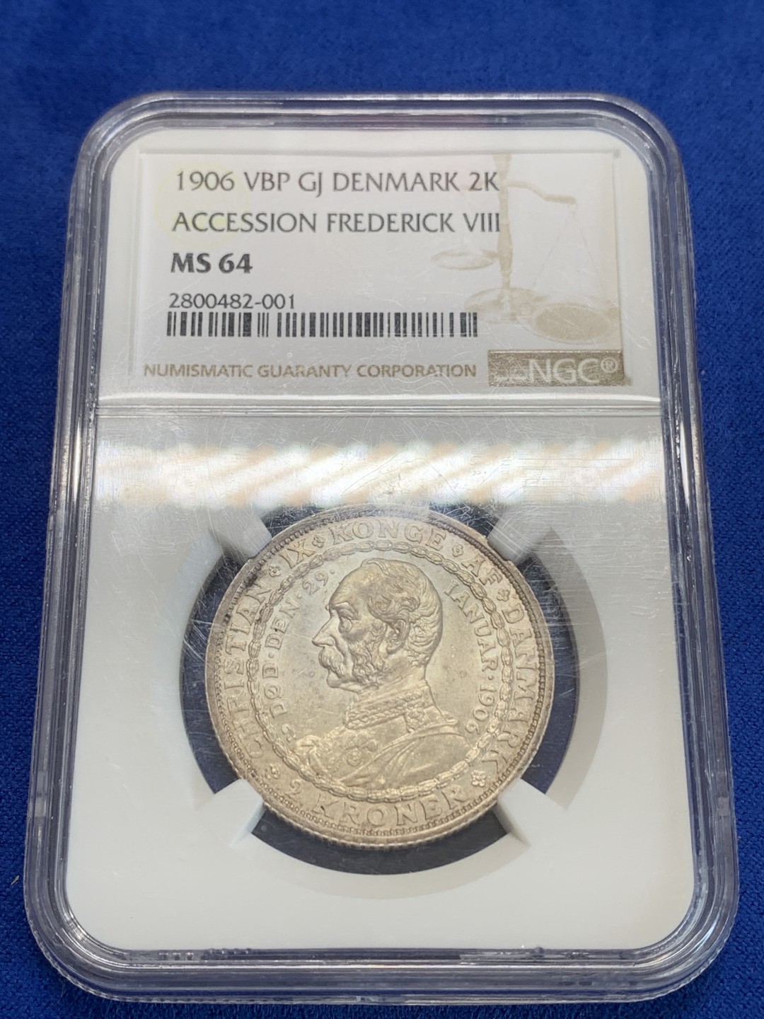 《竞宝斋》三少爷老婆本专场-第156场 (全场包邮) NGC MS64 丹麦1906年克里斯蒂安九世国王逝世-弗雷德里克八世国王登基纪念2克朗银币