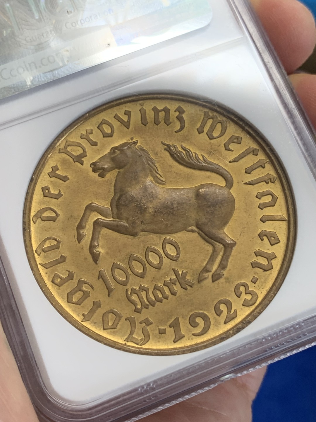 《竞宝斋》三少爷老婆本专场-第156场 (全场包邮) NGC MS63 德国威斯特伐利亚1923年10000马克镀金大铜币