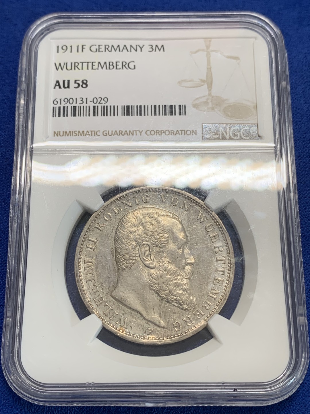 《竞宝斋》三少爷老婆本专场-第156场 (全场包邮) NGC AU58 德国符腾堡1911年3马克银币