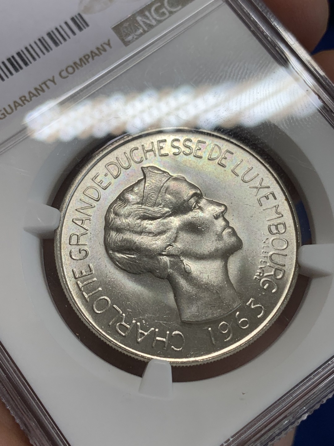 《竞宝斋》三少爷老婆本专场-第156场 (全场包邮) NGC MS63 卢森堡1963年七任大公夏洛特夫人头像100法郎银币