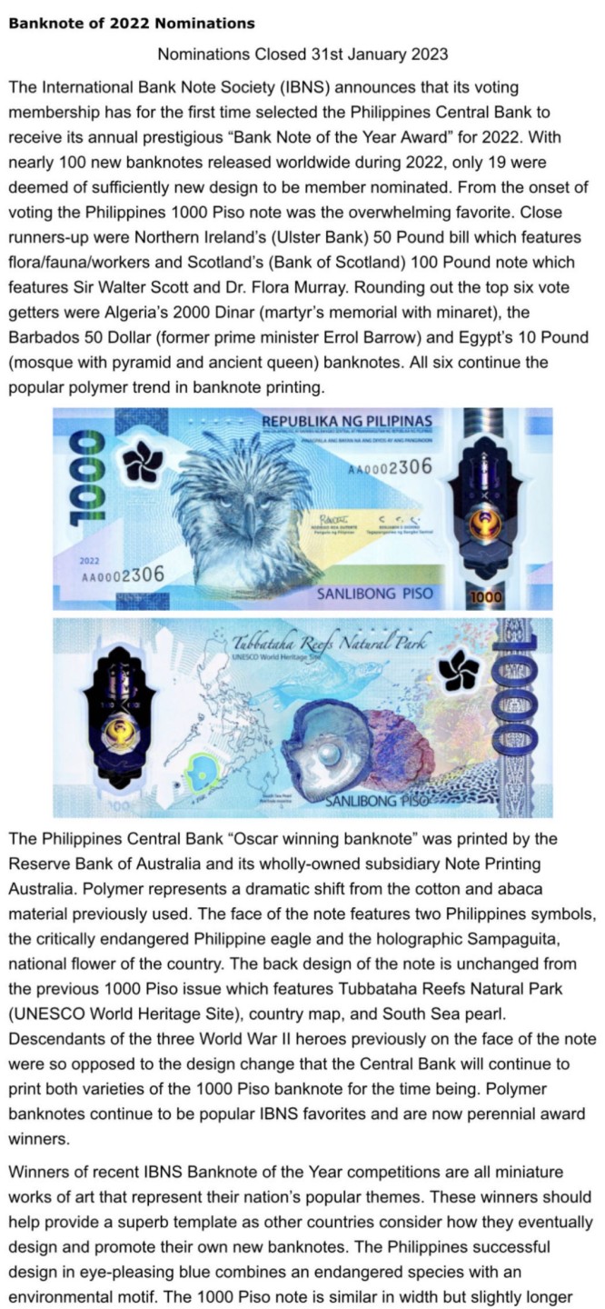 收藏联盟Quantum Auction 第250期拍卖  菲律宾2022年1000比索 PMG67 AA冠 获奖作品 国鸟 食猿雕