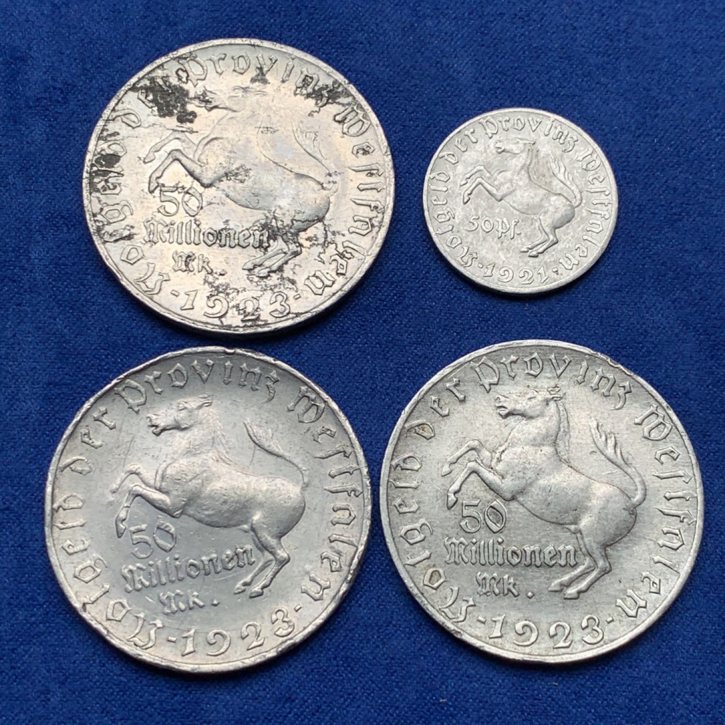 《竞宝斋》三少爷老婆本专场-第156场 (全场包邮) 德国威斯特伐利亚1921年50芬尼一枚，1923年5千万马克三枚大马币铝币