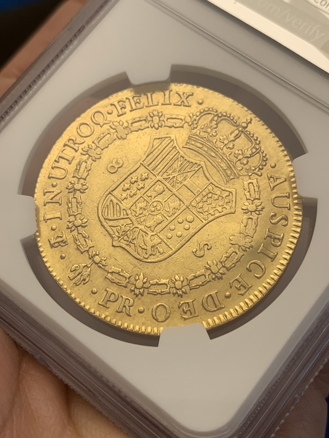 《竞宝斋》三少爷老婆本专场-第156场 (全场包邮) NGC AU 西属1786年 玻利维亚 卡洛斯三世 8埃斯库多金币大金币，难得的品种，打制不错，底板好 性价比之选