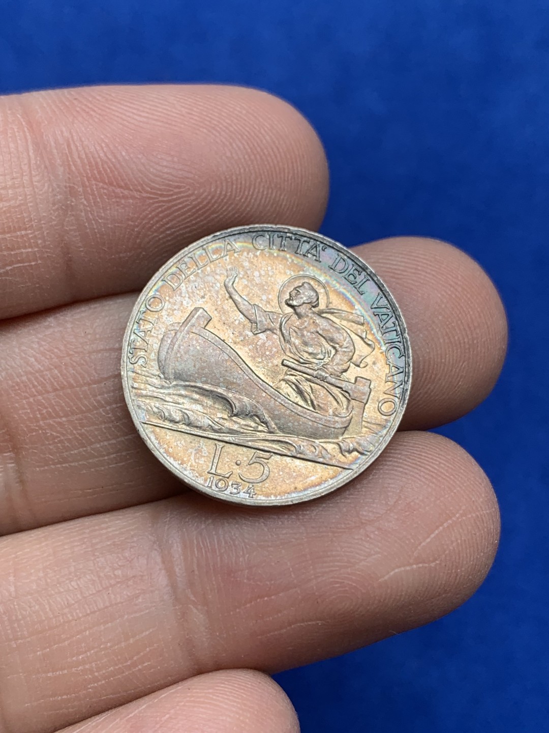 《竞宝斋》三少爷老婆本专场-第156场 (全场包邮) 梵蒂冈1934年5里拉银币，月牙彩包浆