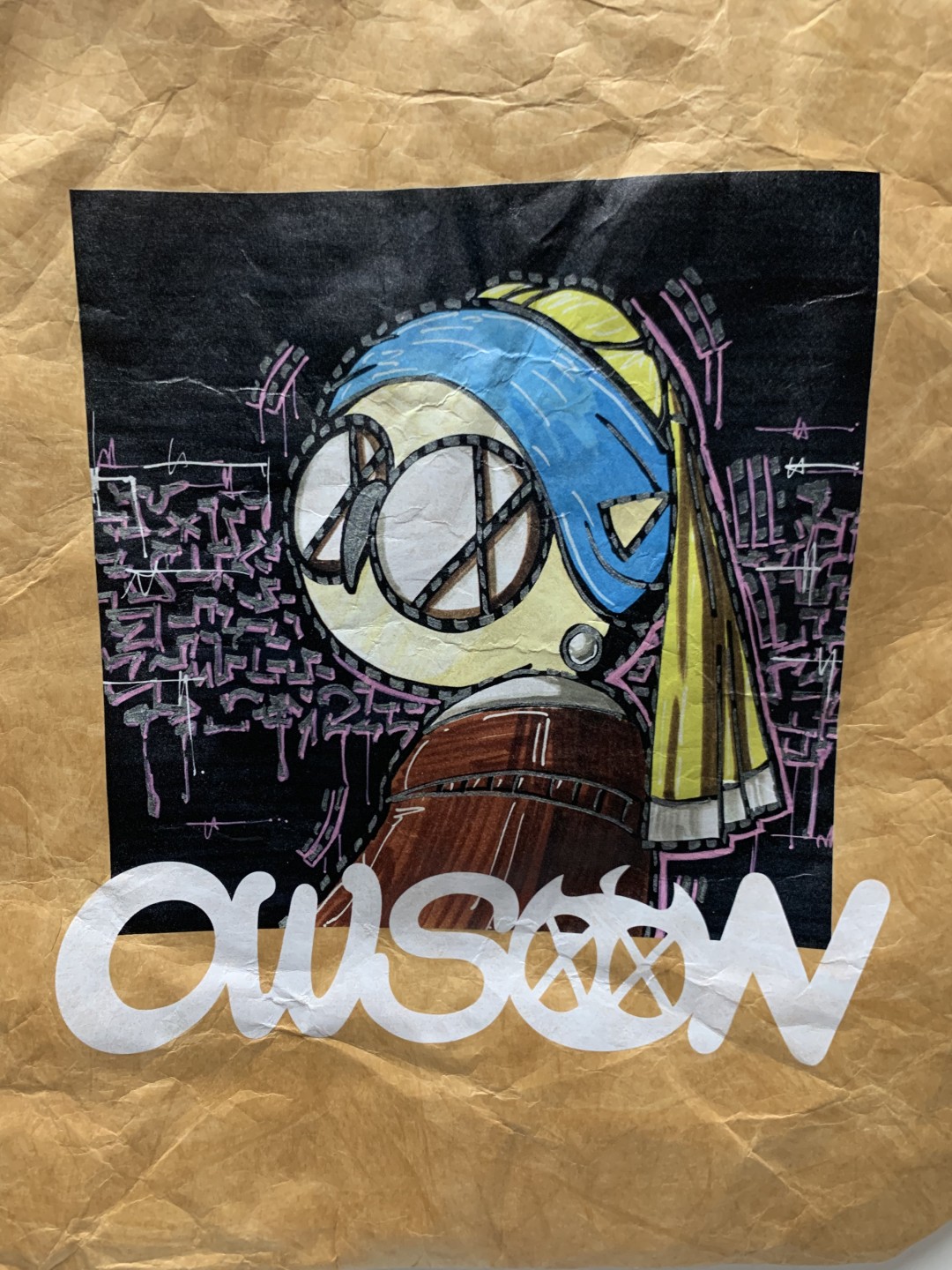 零元拍：展会热卖款，歪歪 OWSON系列杜邦纸手提袋  复古牛皮色防水洗杜邦环保潮流手袋《戴珍珠耳环的少女》，尺寸约35/38.5CM。