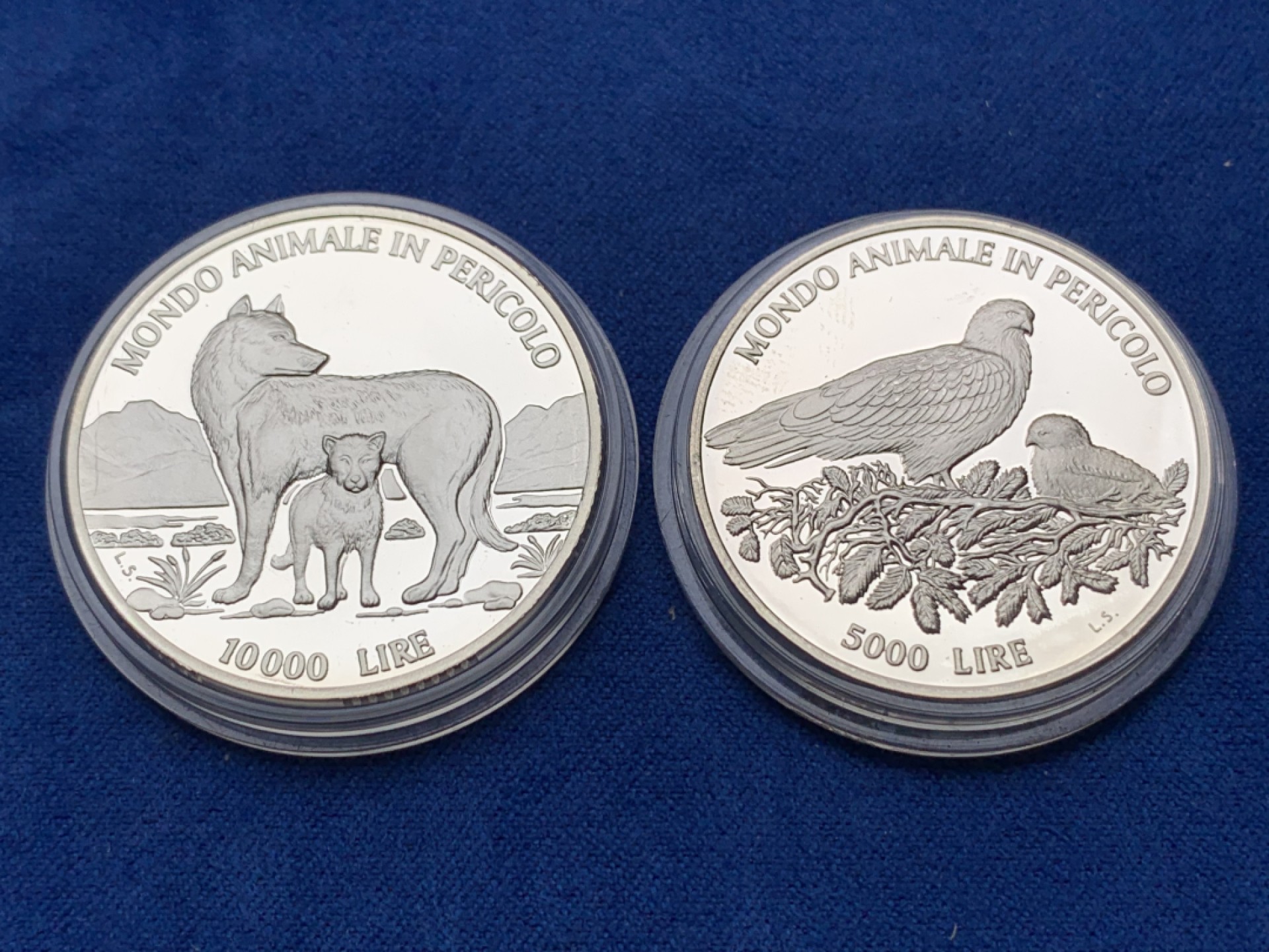 《竞宝斋》三少爷老婆本专场-第156场 (全场包邮) 圣马力诺1996年动物纪念5000里拉、10000里拉精制银币一对