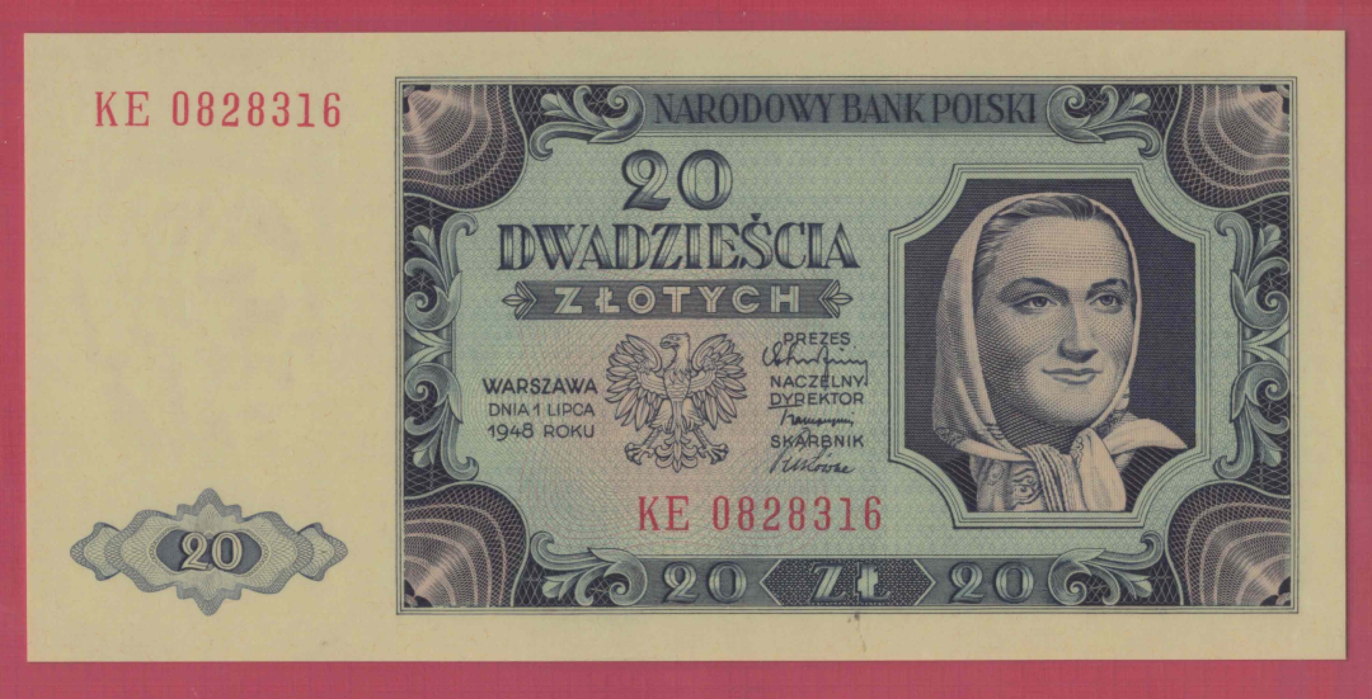 波兰20兹罗提 1948年 P-137 无47 欧洲纸币 实物图 UNC