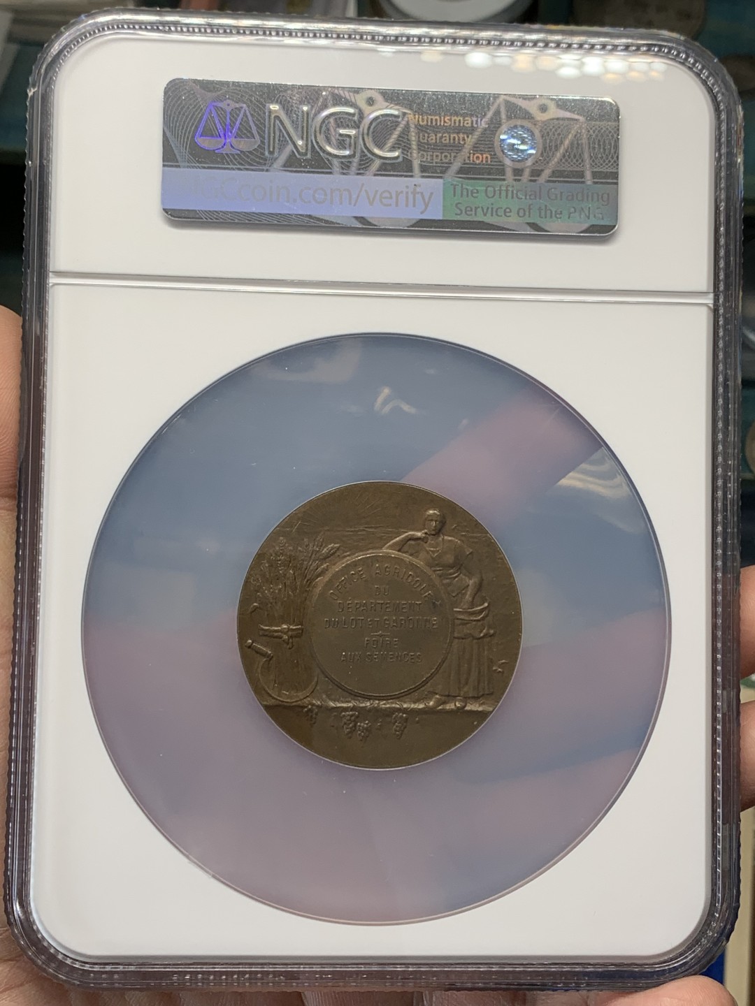 《竞宝斋》三少爷老婆本专场-第156场 (全场包邮) NGC MS62BN 法国加仑河农业部办公室大铜章，NGC加大盒