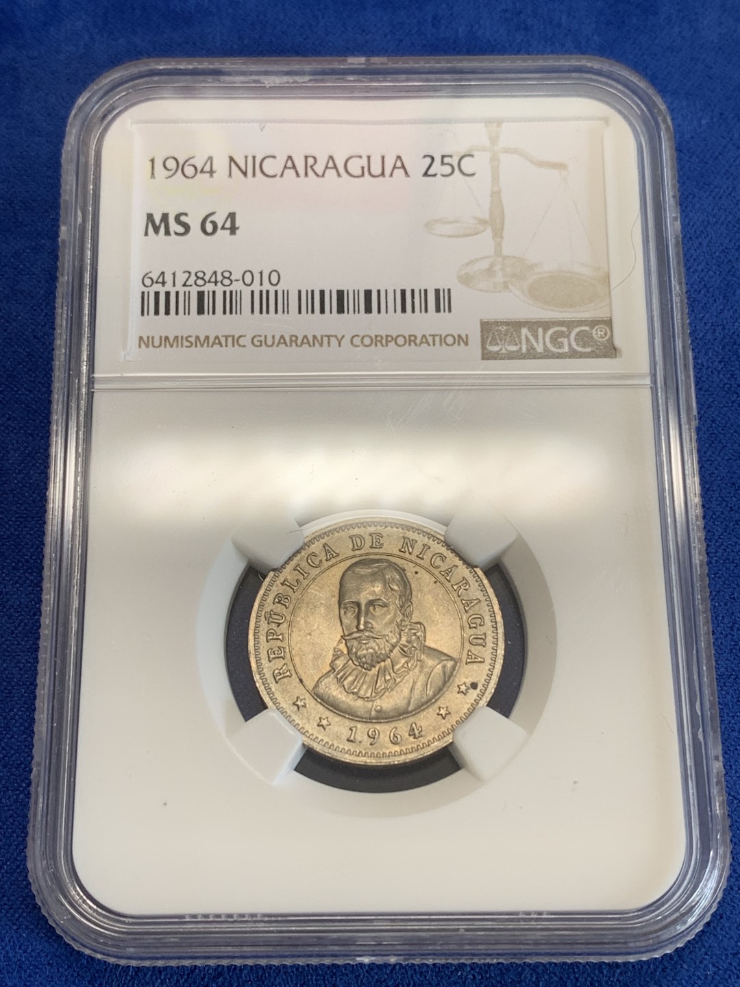 《竞宝斋》三少爷老婆本专场-第156场 (全场包邮) NGC MS64 尼加拉瓜1964年25分镍币