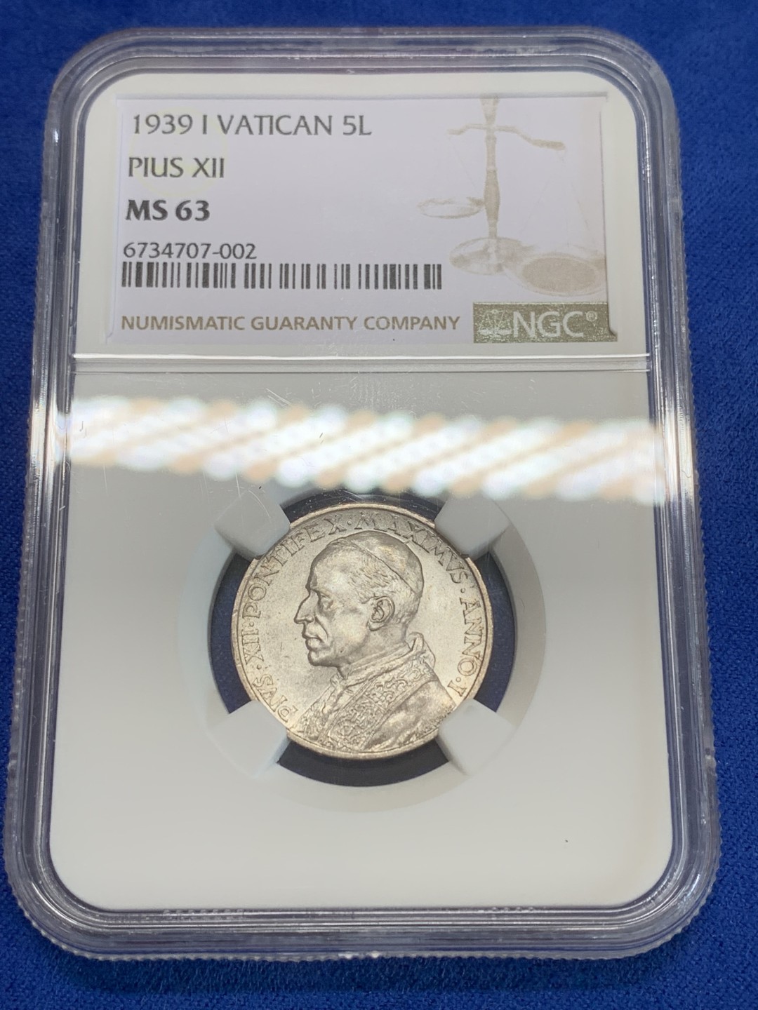 《竞宝斋》三少爷老婆本专场-第156场 (全场包邮) NGC MS63 梵蒂冈1939年5里拉银币