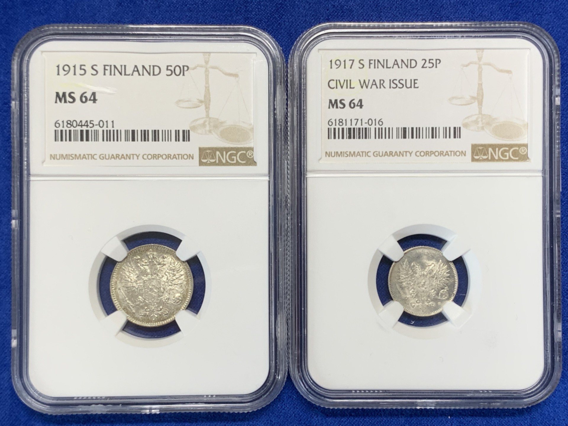 《竞宝斋》三少爷老婆本专场-第156场 (全场包邮) NGC MS64 俄占芬兰1917年、1915年25盆尼、50盆尼小银币一对