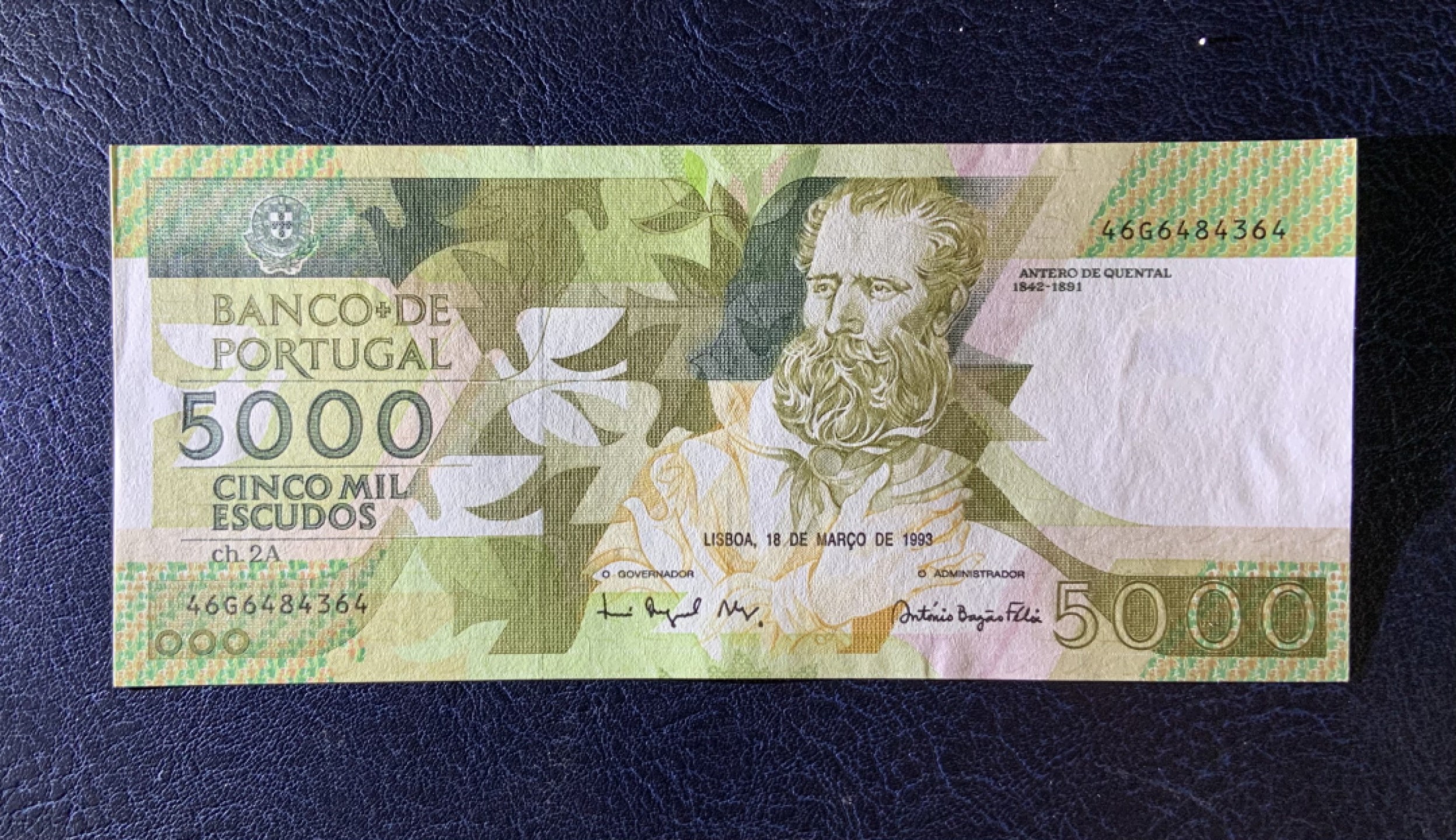 收藏联盟Quantum Auction 第253期拍卖  葡萄牙1993年5000埃斯库多 品相UNC 水印有点轻微潮斑