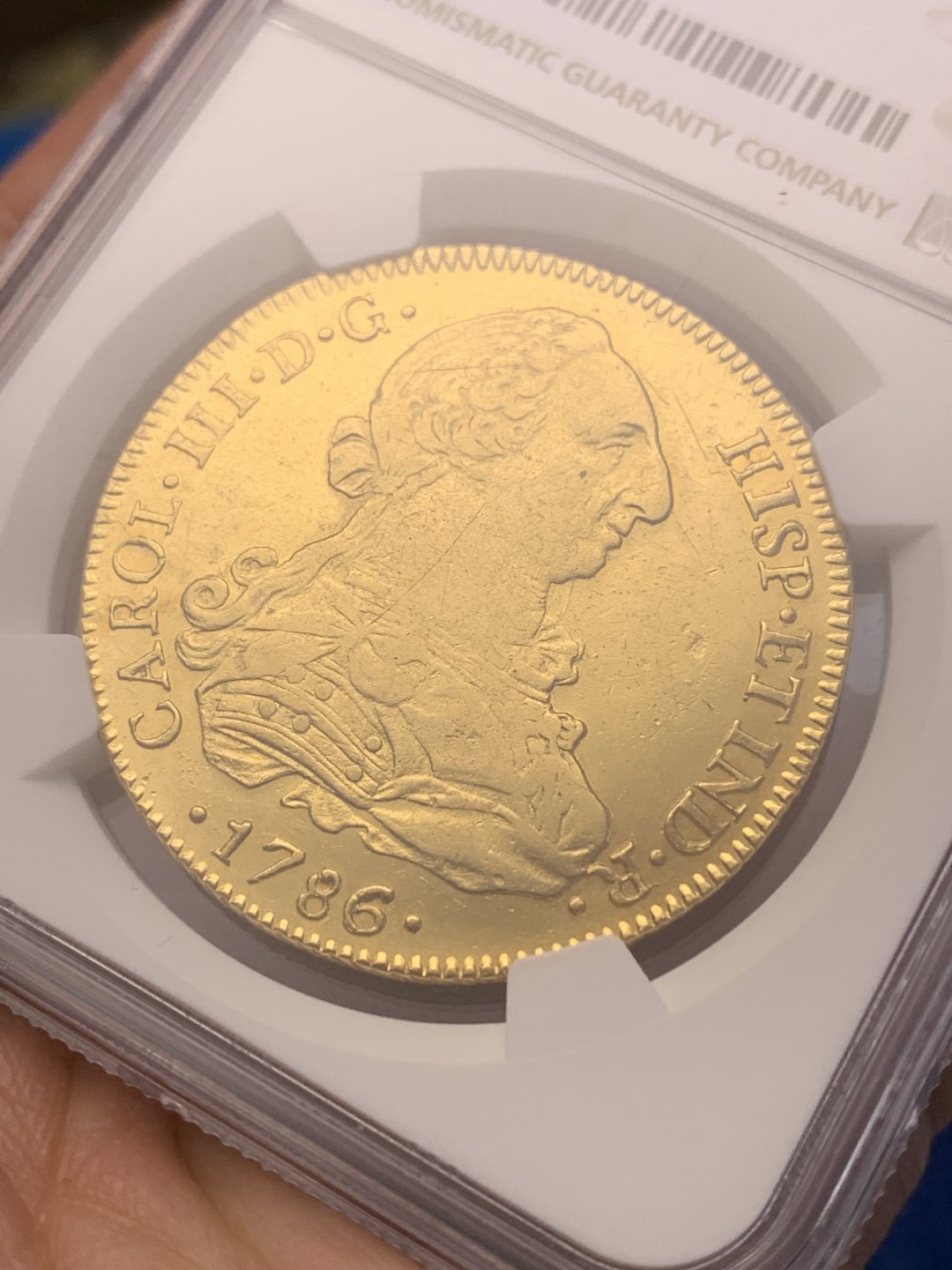 《竞宝斋》三少爷老婆本专场-第156场 (全场包邮) NGC AU 西属1786年 玻利维亚 卡洛斯三世 8埃斯库多金币大金币，难得的品种，打制不错，底板好 性价比之选