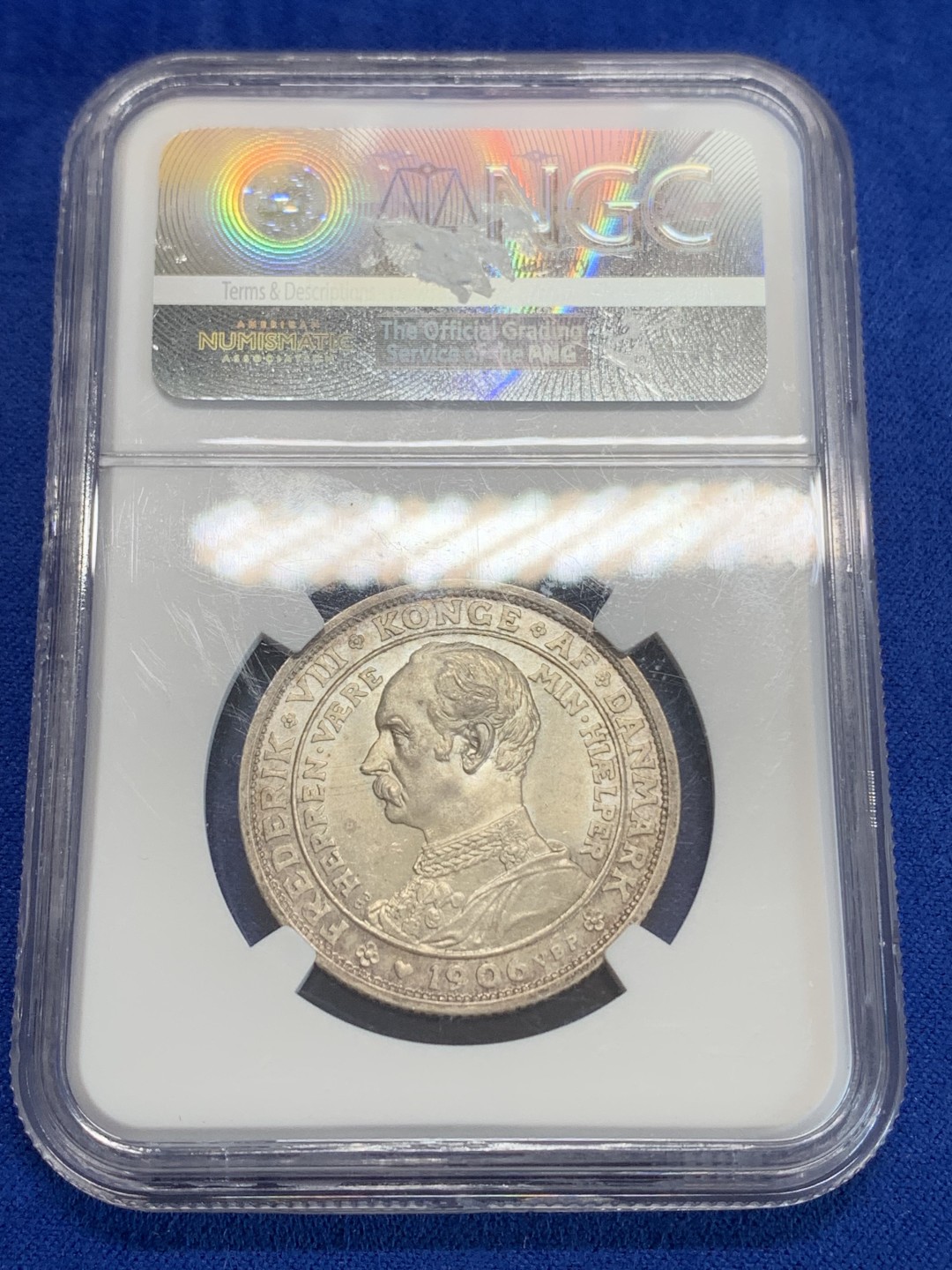 《竞宝斋》三少爷老婆本专场-第156场 (全场包邮) NGC MS64 丹麦1906年克里斯蒂安九世国王逝世-弗雷德里克八世国王登基纪念2克朗银币