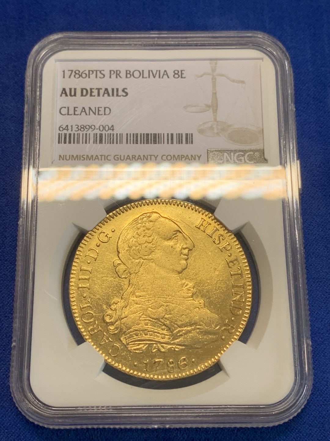 《竞宝斋》三少爷老婆本专场-第156场 (全场包邮) NGC AU 西属1786年 玻利维亚 卡洛斯三世 8埃斯库多金币大金币，难得的品种，打制不错，底板好 性价比之选