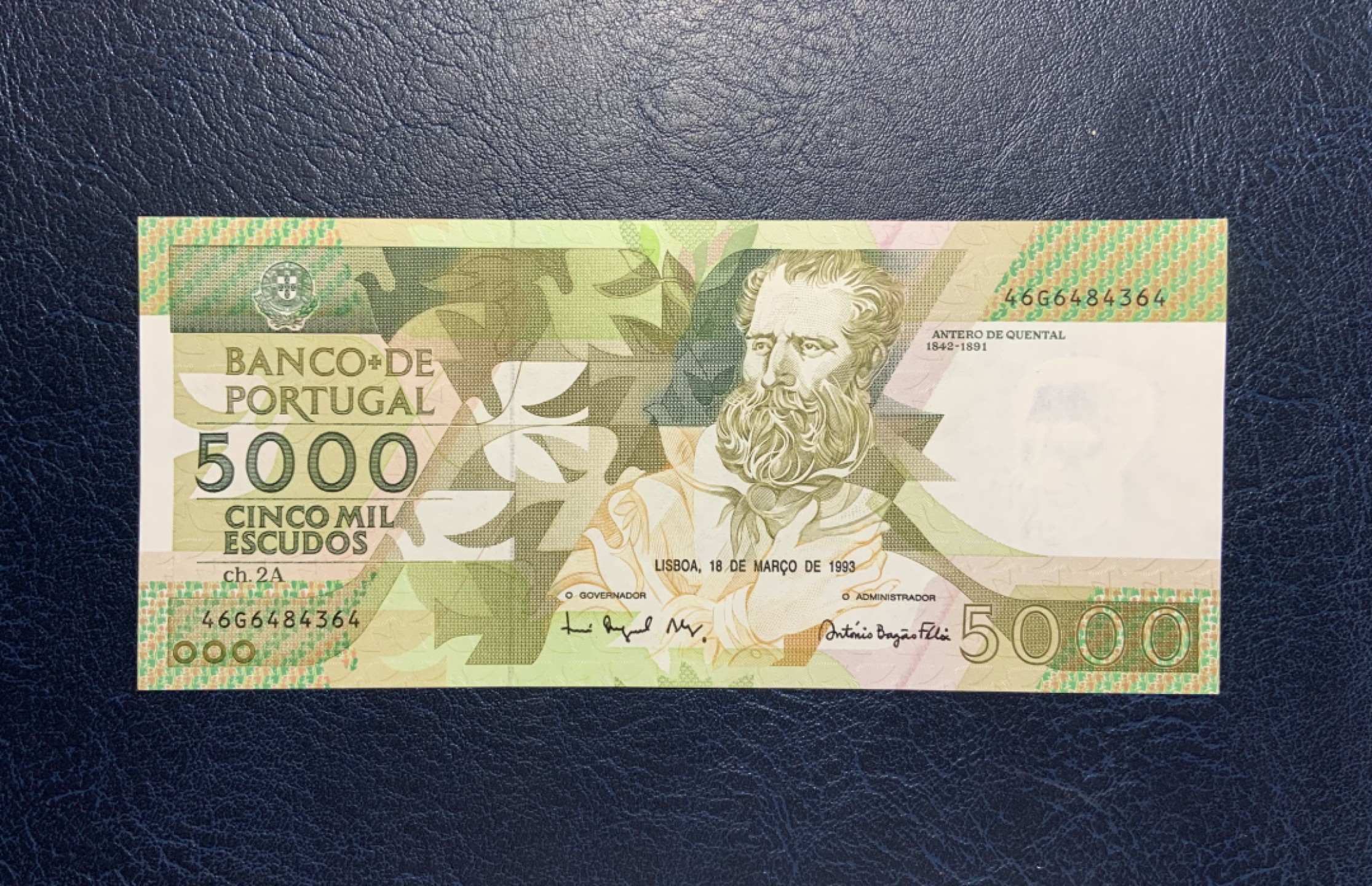 收藏联盟Quantum Auction 第253期拍卖  葡萄牙1993年5000埃斯库多 品相UNC 水印有点轻微潮斑