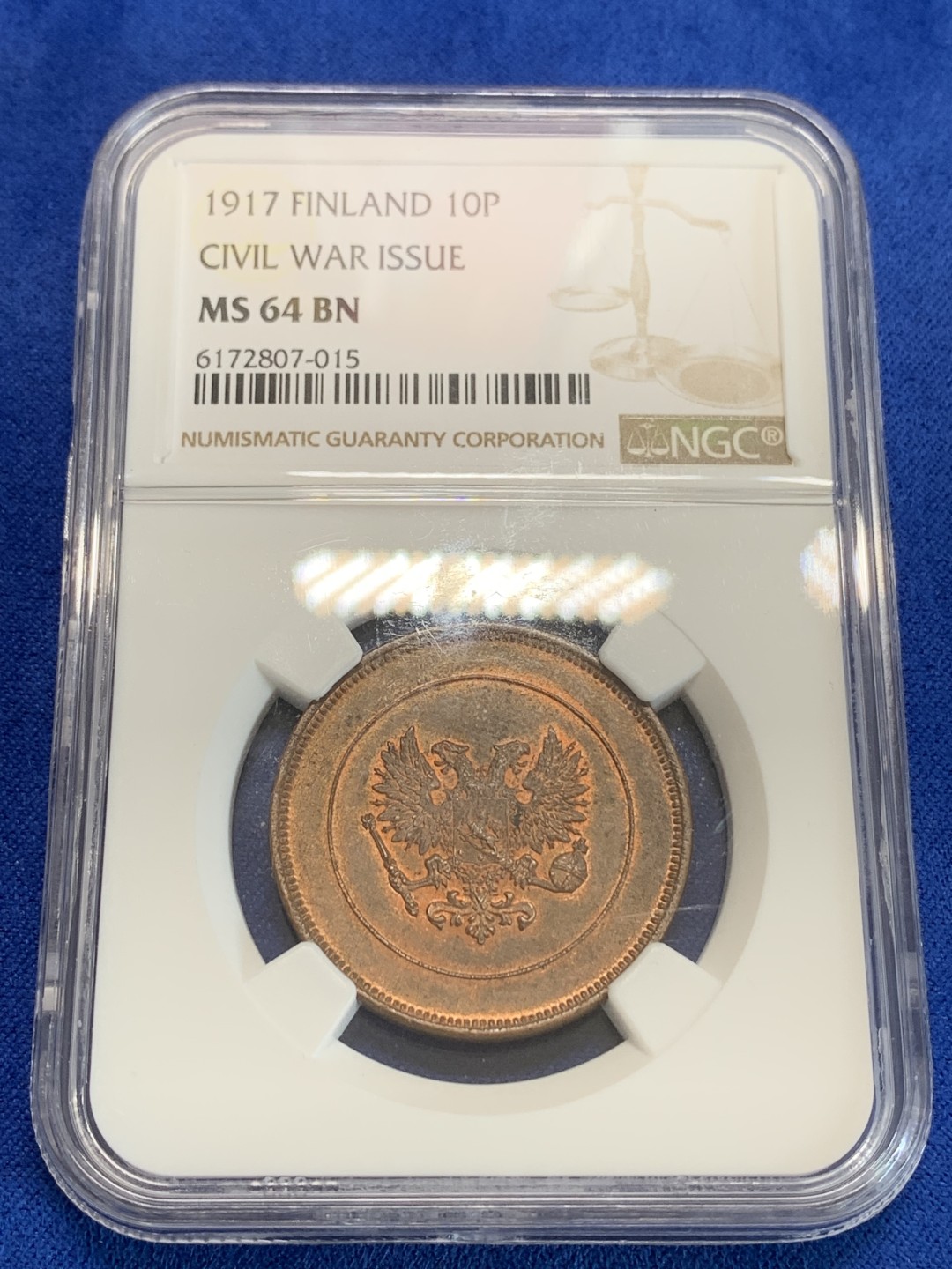 《竞宝斋》三少爷老婆本专场-第156场 (全场包邮) NGC MS64BN 俄占芬兰1917年克伦斯基临时政府无皇冠双头鹰10盆尼铜币，高分不易