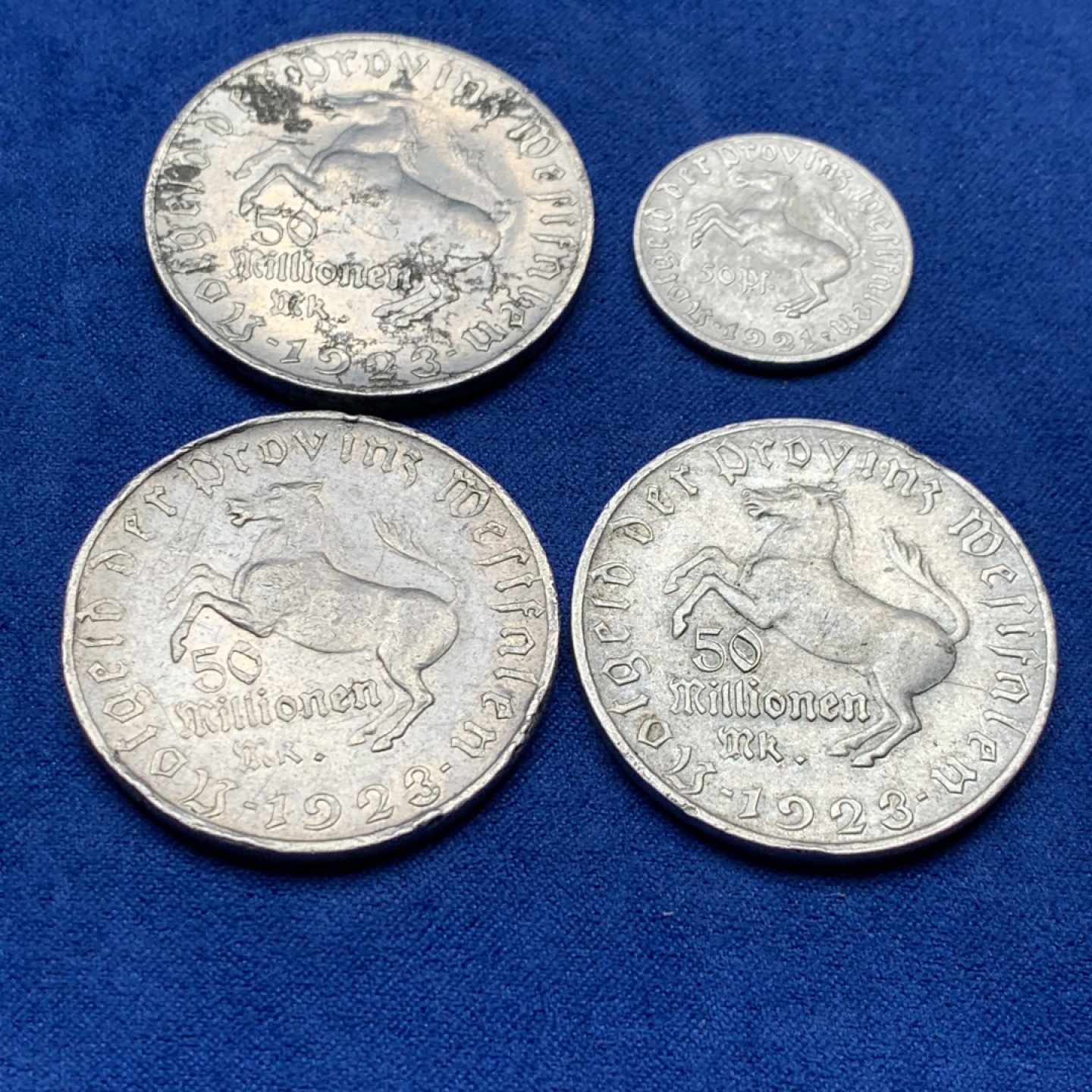 《竞宝斋》三少爷老婆本专场-第156场 (全场包邮) 德国威斯特伐利亚1921年50芬尼一枚，1923年5千万马克三枚大马币铝币