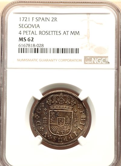 【Blue Auction】✨世界纸币精拍第315期——费利佩五世  - 西班牙 波旁王朝首位君主费利佩五世 1721年 圣哥维亚皇家造币厂 2R 银币 NGC MS62 高分少见 币面纹理清晰 状态非常好 背面五彩非常漂亮 